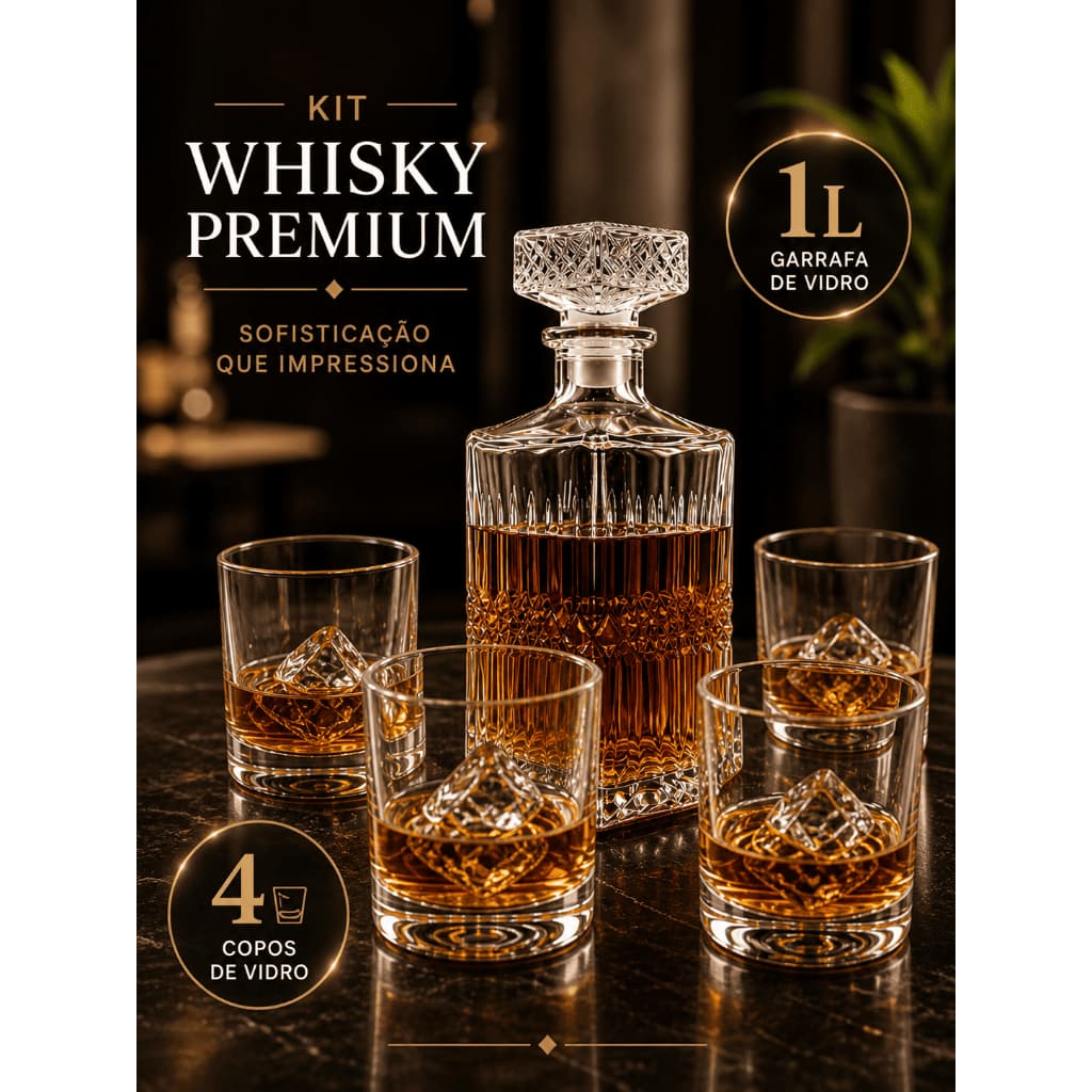 Kit Garrafa Whisky 1 Litro + 4 Copos Vidro Elegante Premium Presente Bar