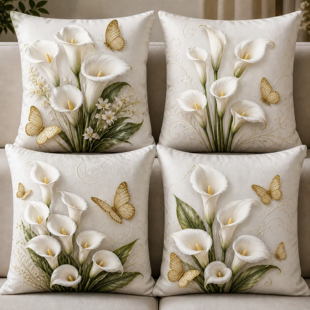 Kit 4 capas de almofada floral 45x45 oxford com ziper flor copo de leite efeito 3d