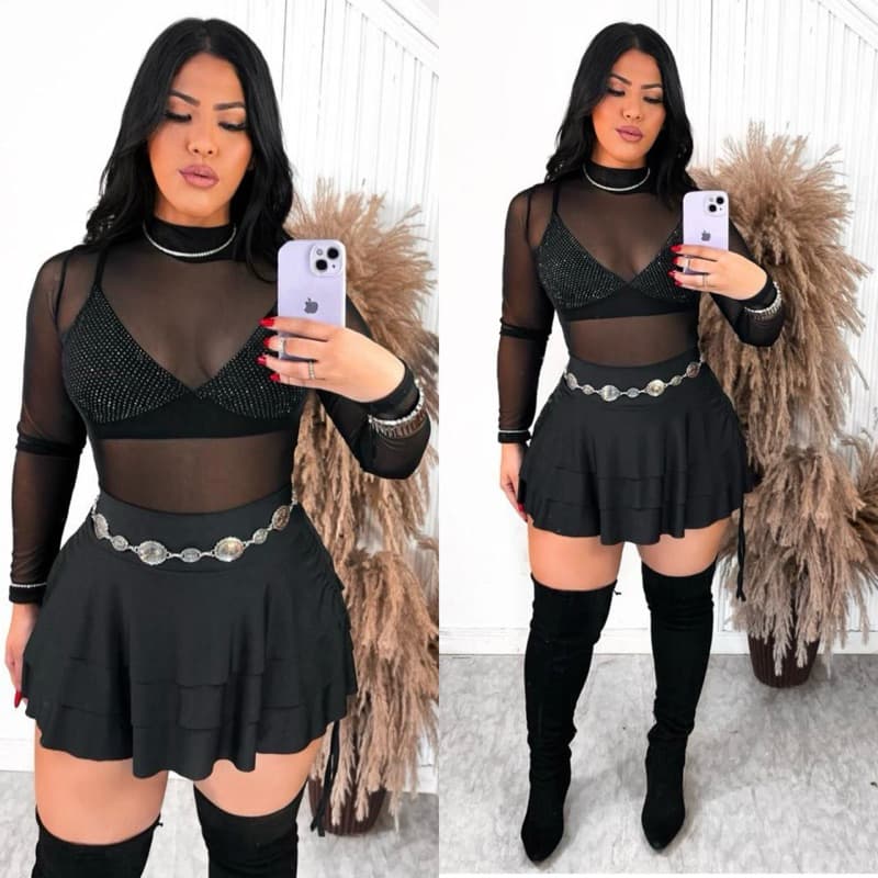 Look Completo - Modelo Festas Balada(Acompanha o Body Tule Top com Stras e Saia Babado com Ajuste)
