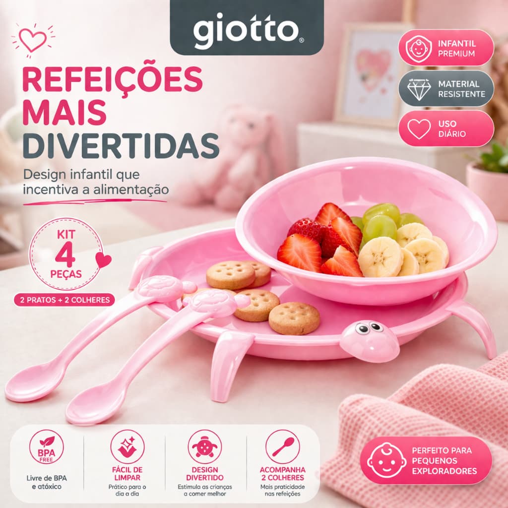 Kit 2 Prato Tartaruga com 2 colheres Rosa infantil utensílios recipiente de comida do bebe Giotto