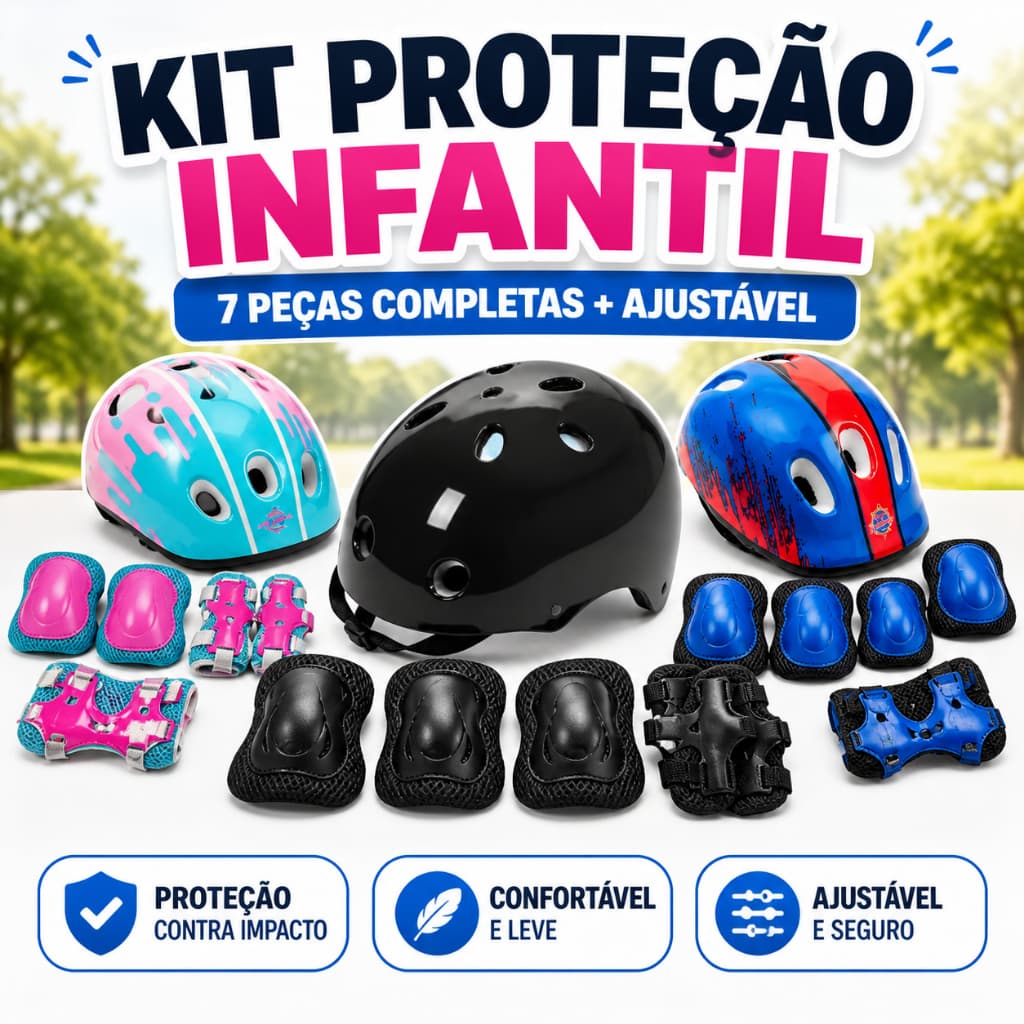 Kit Proteção Infantil Completo 7 Peças Capacete Joelheira Cotoveleira Ajustável Skate Bicicleta Patins