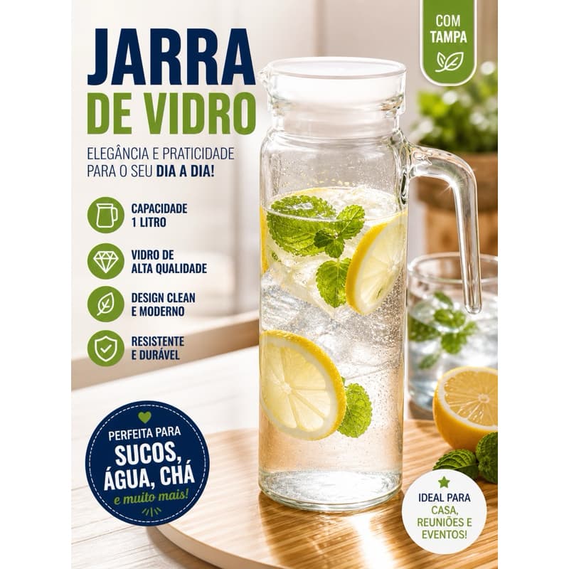Jarra de Vidro 1 Litro com Tampa Jarra Transparente para Suco Água Chá Resistente