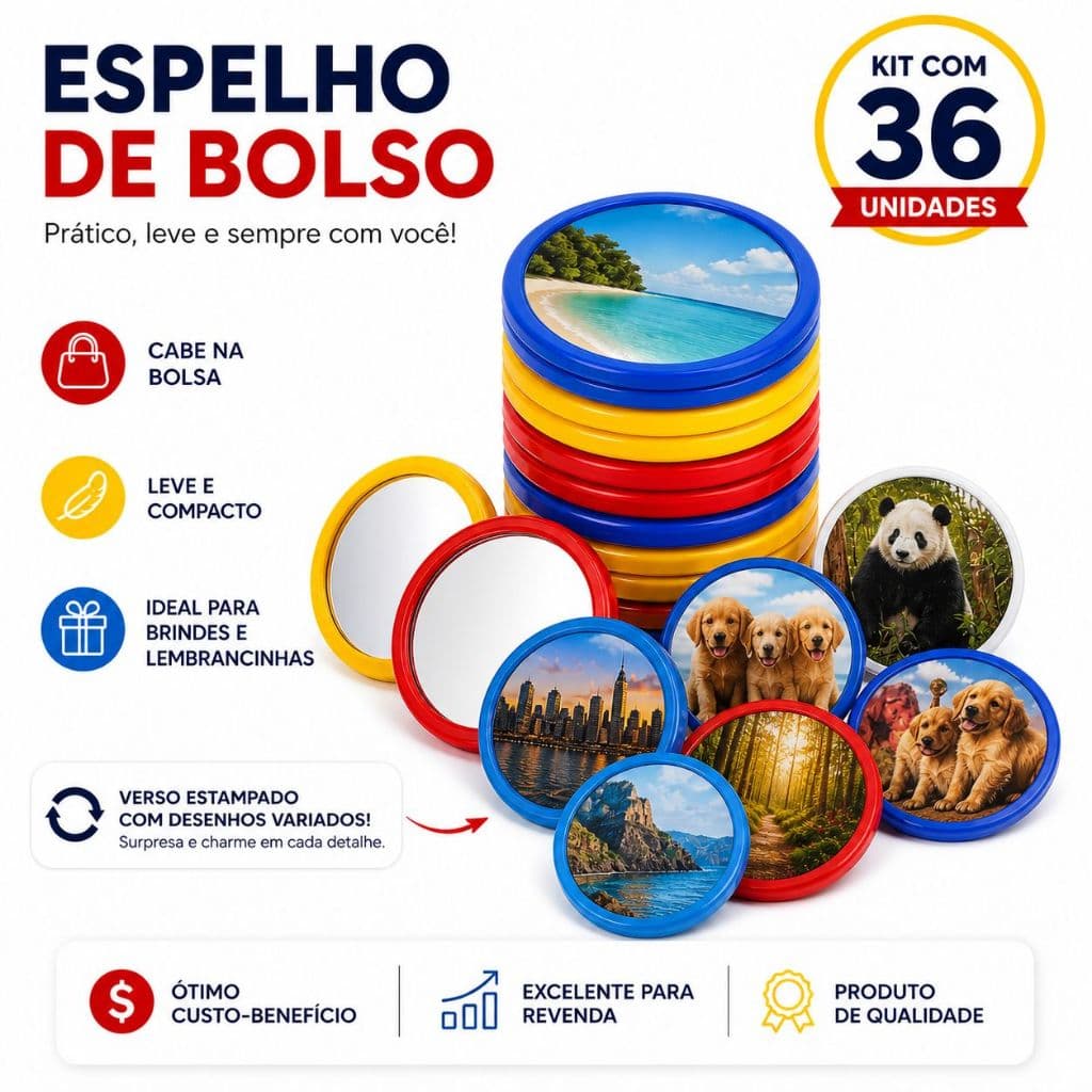 Kit 36 unidades de  Espelho de Bolso Redondo Revenda Atacado Brinde Lembrancinha
