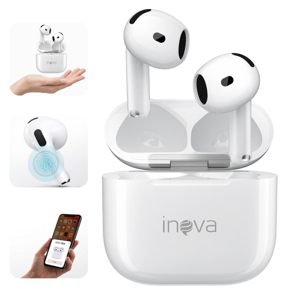 INOVA Fones de ouvido intra-auriculares Bluetooth 5.4 com cancelamento de ruído ENC e bateria de longa duração