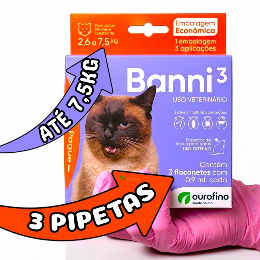 Antipulgas Banni3 Para Gatos 2,6 a 7,5kg Vermífugo e Anti Sarnas