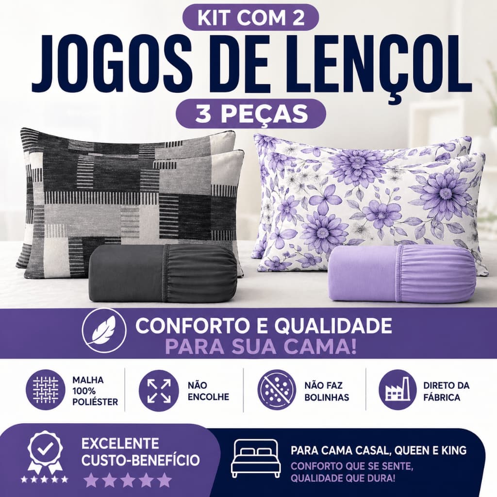 Kit 2 Jogos De Lençol Cama King Size 3 Peças Malha Premium
