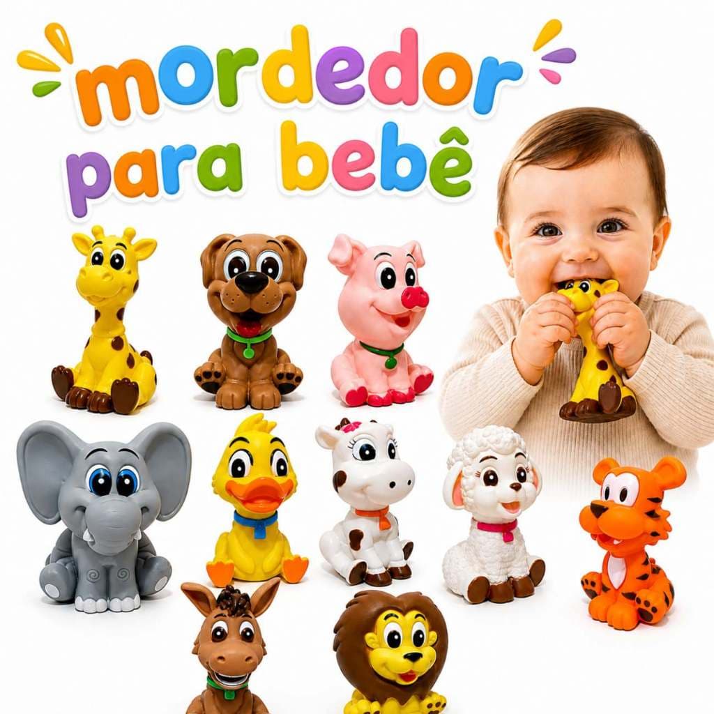 Brinquedo Mordedor para Bebê Banho Vinil Macio Animais da Fazenda Safari