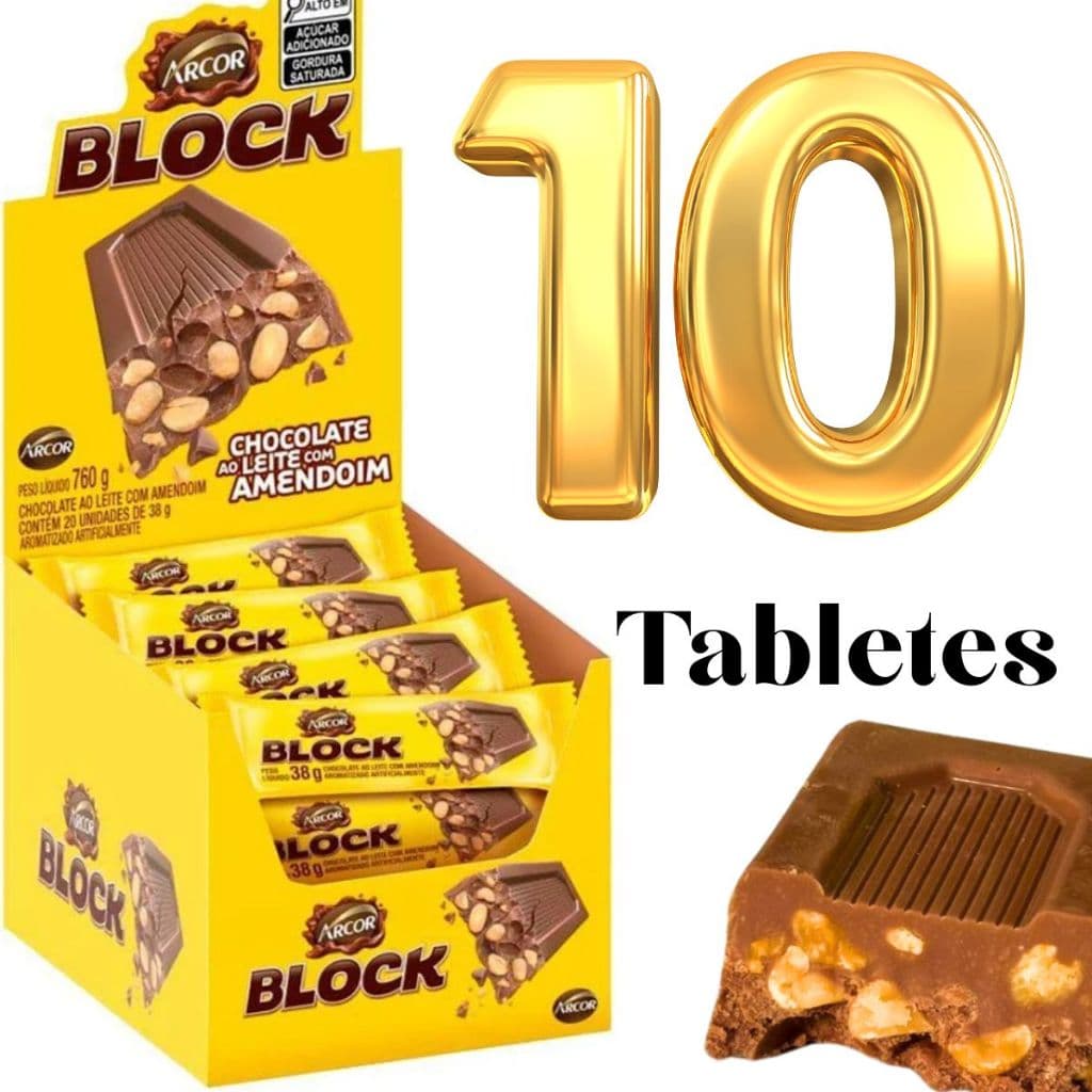 Kit 10 Tabletes 38g Block Tradicional Chocolate com Amendoim Crocânte Arcor