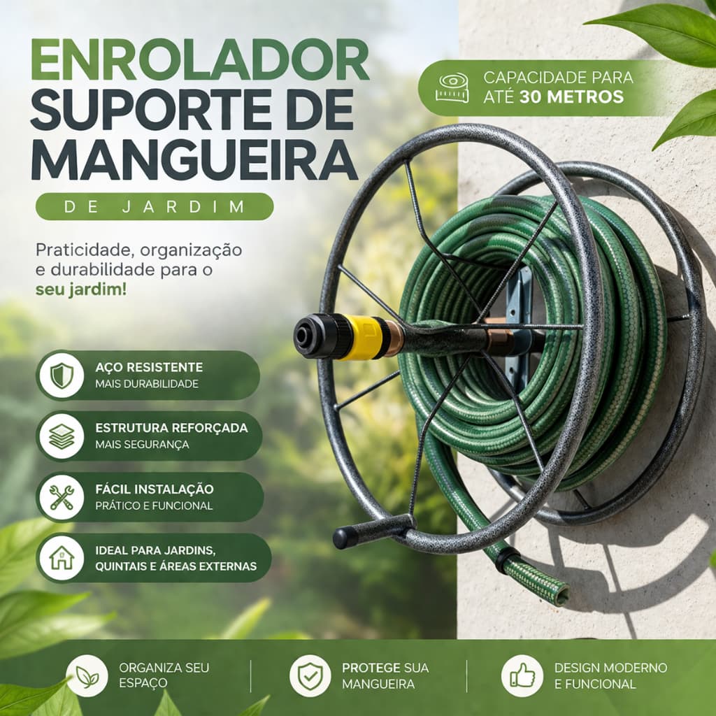 Enrolador Suporte Mangueira Jardim Até 30 Metros Em Aço