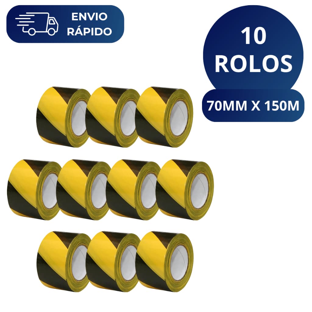 Kit 10 Fita Zebrada Amarela e Preta 70mm X 150 Metros Para Isolamento Sinalização Interdição Obras