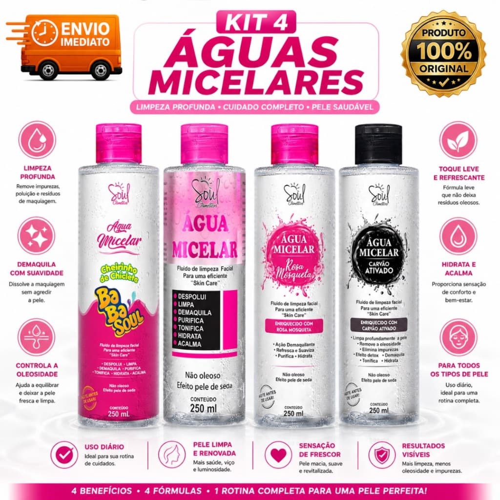 KIT 4 ÀGUA MICELAR, ROSA , REJUVENESSEDOR, SKIN CARE, LIMPEZA PROFUNDA, DETOX , ANTI OLIOSIDADE , REMOVE MAQUIAGEM