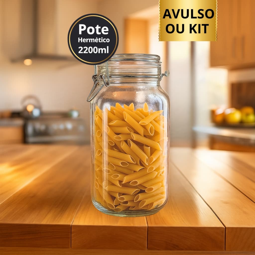 Pote de Vidro Avulso ou Kit 2200ML Hermético com Trava de Aço Inox
