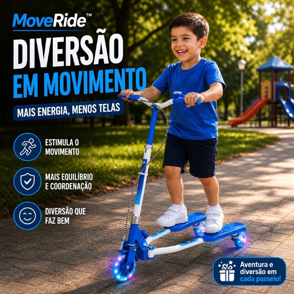 Patinete Infantil 3 Rodas MoveRide™ Azul Dobrável LED Guidão Ajustável Criança 3+