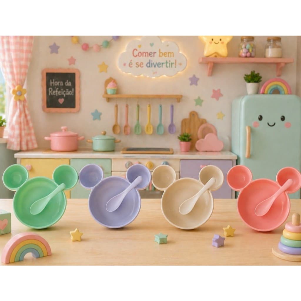 Kit Prato 3D Disney Com Divisória + Colher Refeição Infantil  Bebê Plástico Ecológico Minnie Mickey Urso