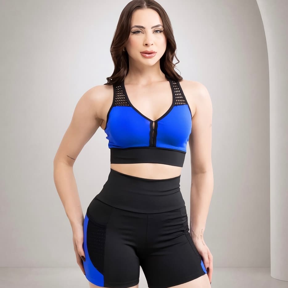 Conjunto Fitness Feminino Alta Compressão Top com Decote Alta Sustentação Short Cintura Alta com Bolso