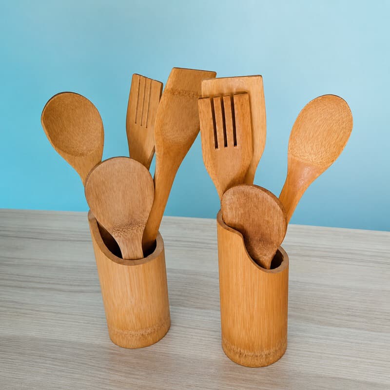 Colher Madeira em Bambu Conjunto Utensílios de Cozinha kit 5 peças livon