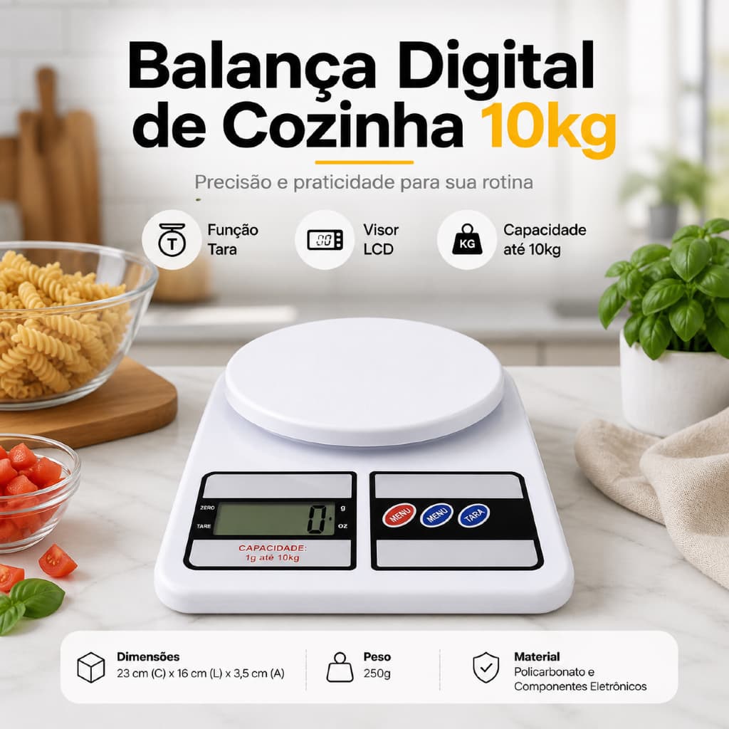 Balança Digital de Cozinha 10kg Branca  com Tara  Dietas Portatíl Receitas para alimentos Fitness Balança precisão