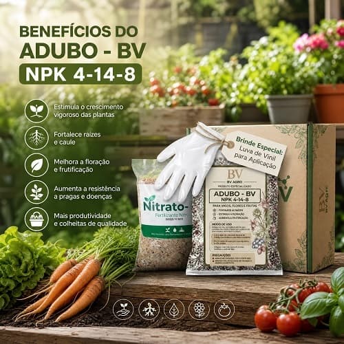 Kit Adubo 10kg NPK 04-14-08 + Fertilizante Nitrato BV Solo Plantas Flores e Frutas Completo + Brinde Luva de Vinil