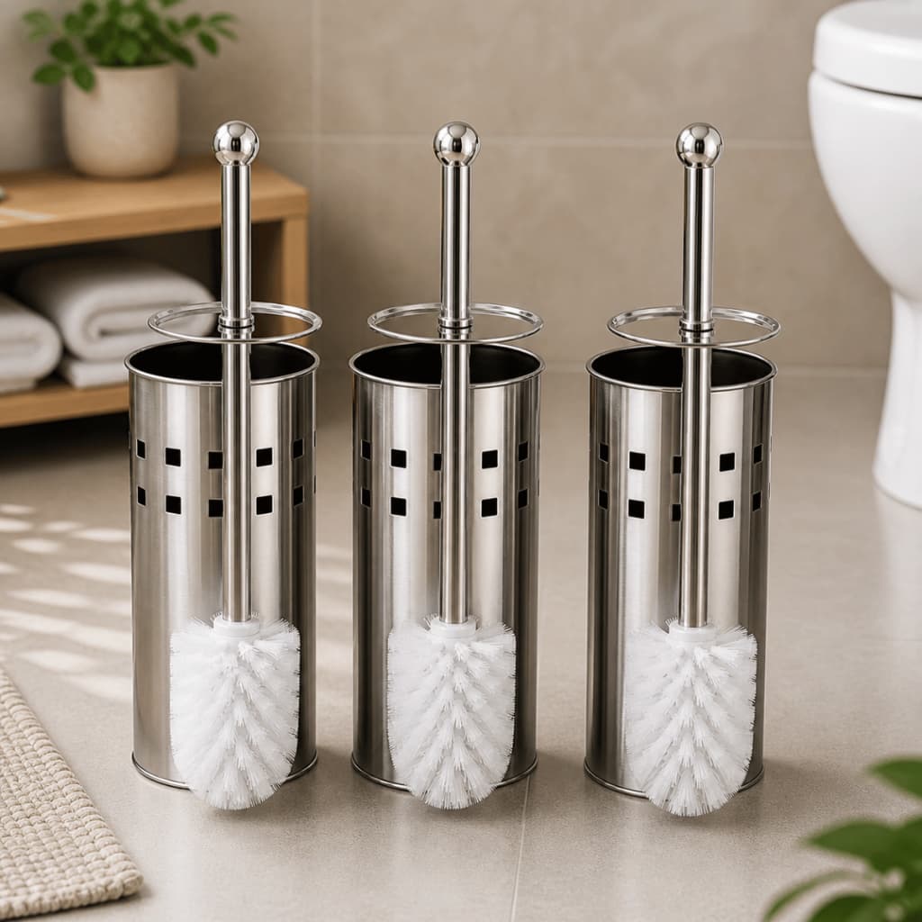 Kit 3 Escova Sanitária Vaso Limpeza Banheiro Higienização Em Aço Inox C/ Suporte e Tampa