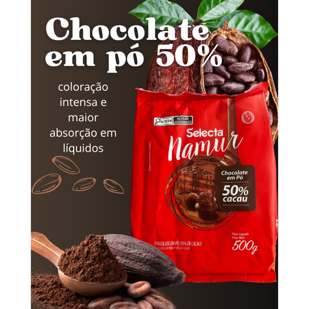 Cacau em Pó 50% Gourmet Selecta Namur 500g Chocolate Nobre -Ideal para Bolos, Doces e Bebidas