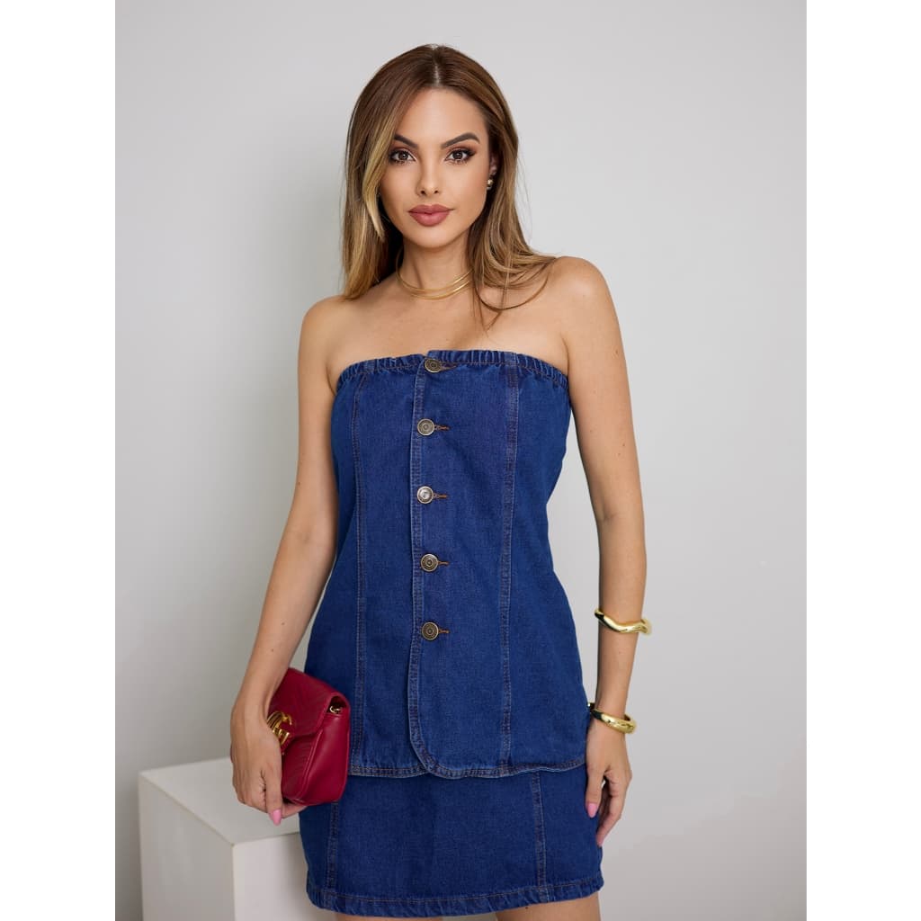 WL Moda Jeans Conjunto feminina Colete Denim Feminina com Botões Metálicos e saia de denima Retrô e minimalista escura