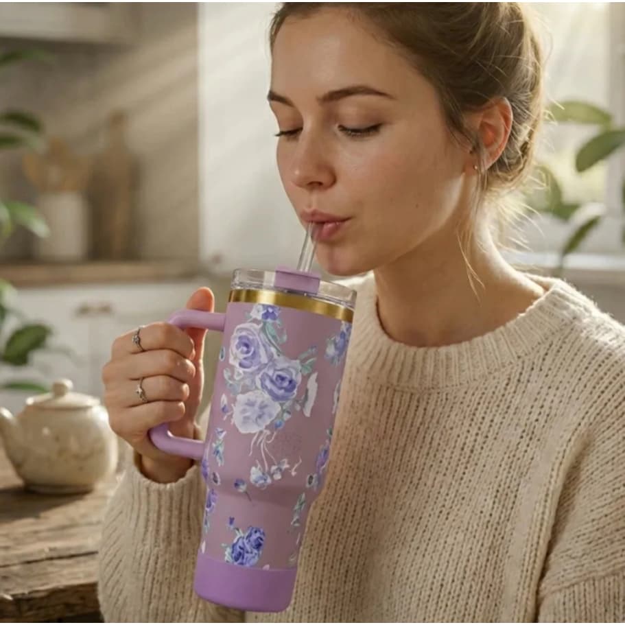 Garrafa 1200ml Térmica Estampa Floral C/ Capinha Silicone Na Base + Tampa Para Canudo