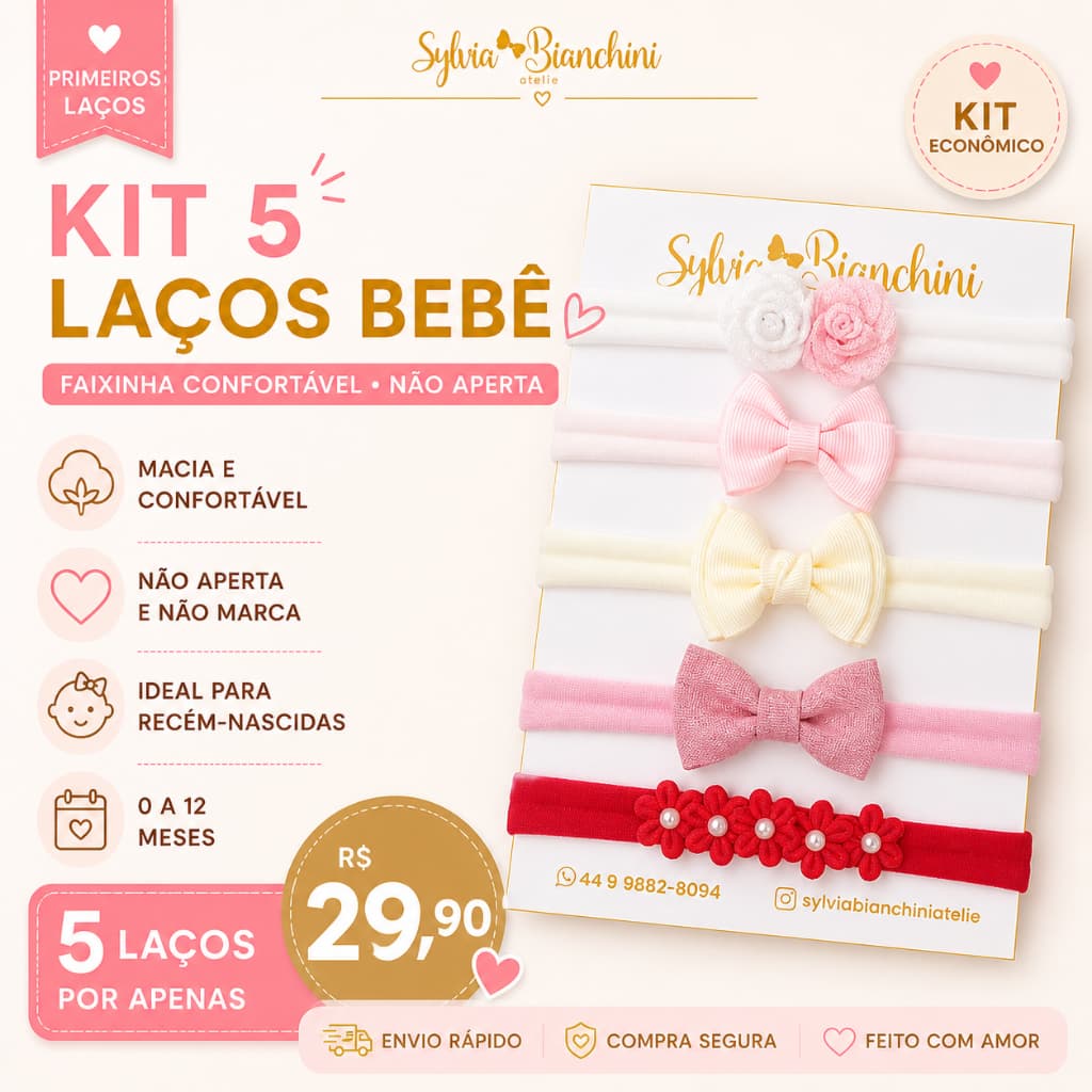 Kit 5 Laços Bebê Faixinha Infantil Menina RN Recém Nascida