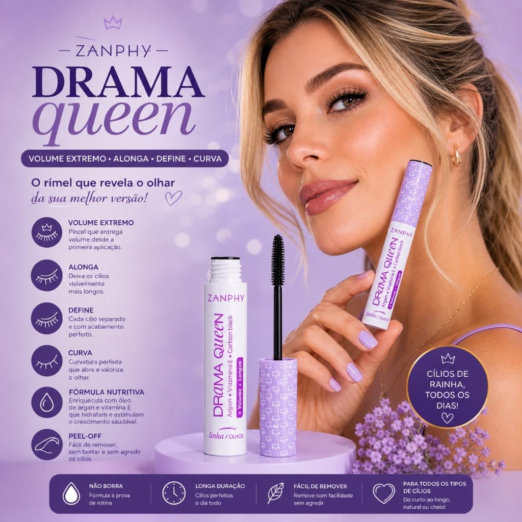 Máscara de Cílios Drama Queen Volume Extremo Alongamento Cílios Longos Definidos Zanphy