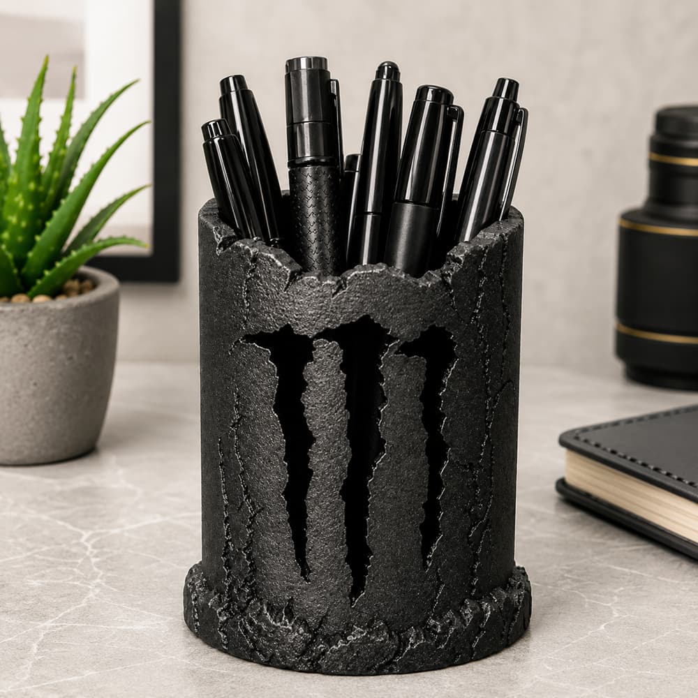 Porta Canetas Organizador de Mesa Monster Preto Escritório Lápis Caneta Decorativo Moderno