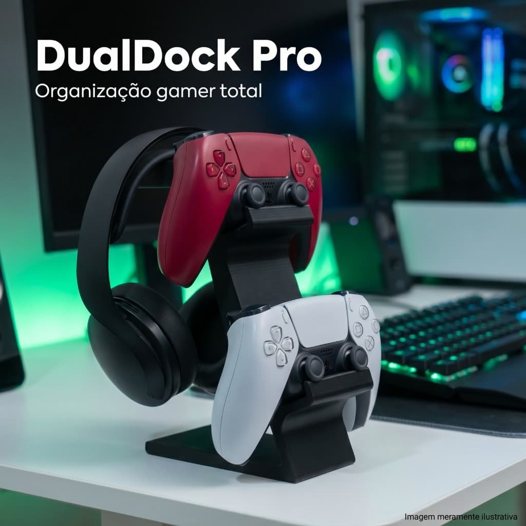 Suporte Headset e Controle Gamer DualDock Pro Organizador Setup PS5 Moderno Premium