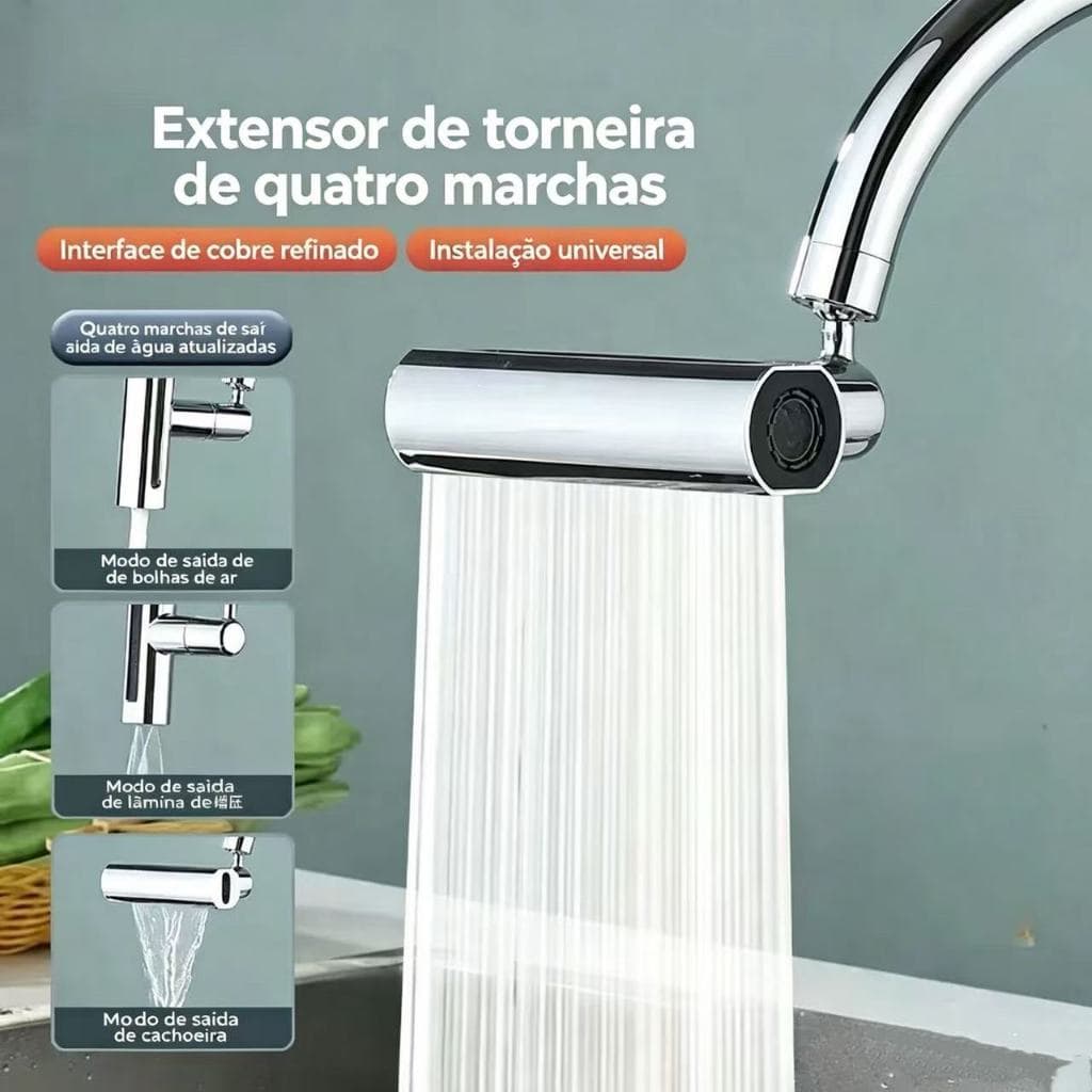 Bico de Torneira Cascata com 360° Rotação e 4 Modos de Fluxo