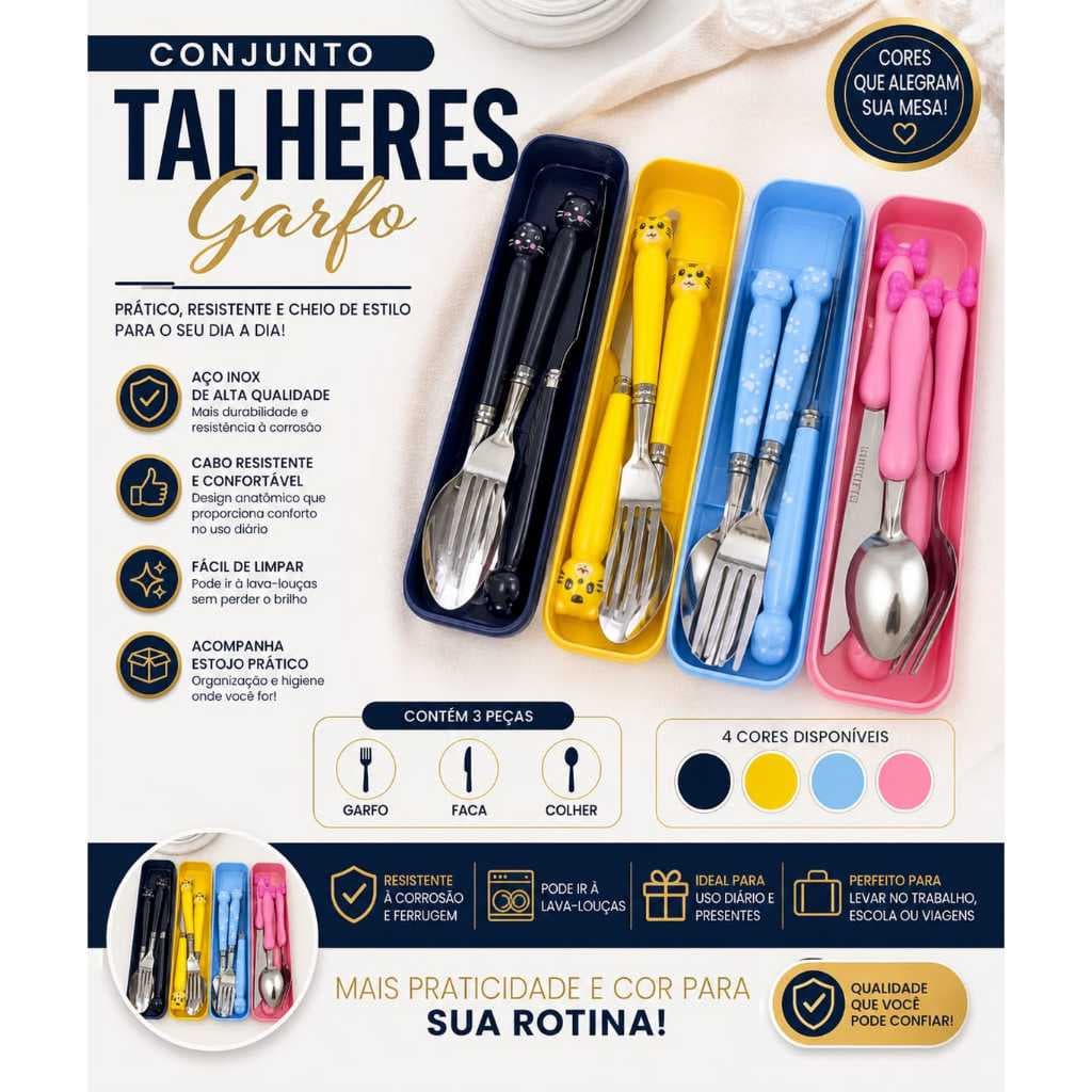 CONJUNTO TALHERES GARFO FACA COLHER ESTOJO PARA SUA REFEIÇÃO COM DESIGN MARMITA SOBREMESA ALMOÇO ART