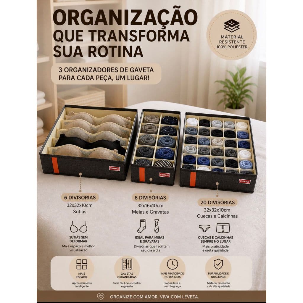 Kit Organizador de Gaveta 6, 8 e 20 Divisórias | Colmeia Organizadora para Roupas Íntimas