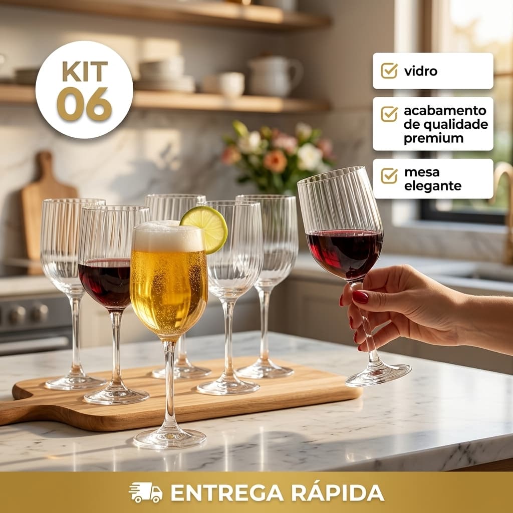 Kit Jogo de 6 Taças de Vidro Fiore Nadir 400ml - Champanhe Vinho Água 400 ml transparente Pronta Entrega