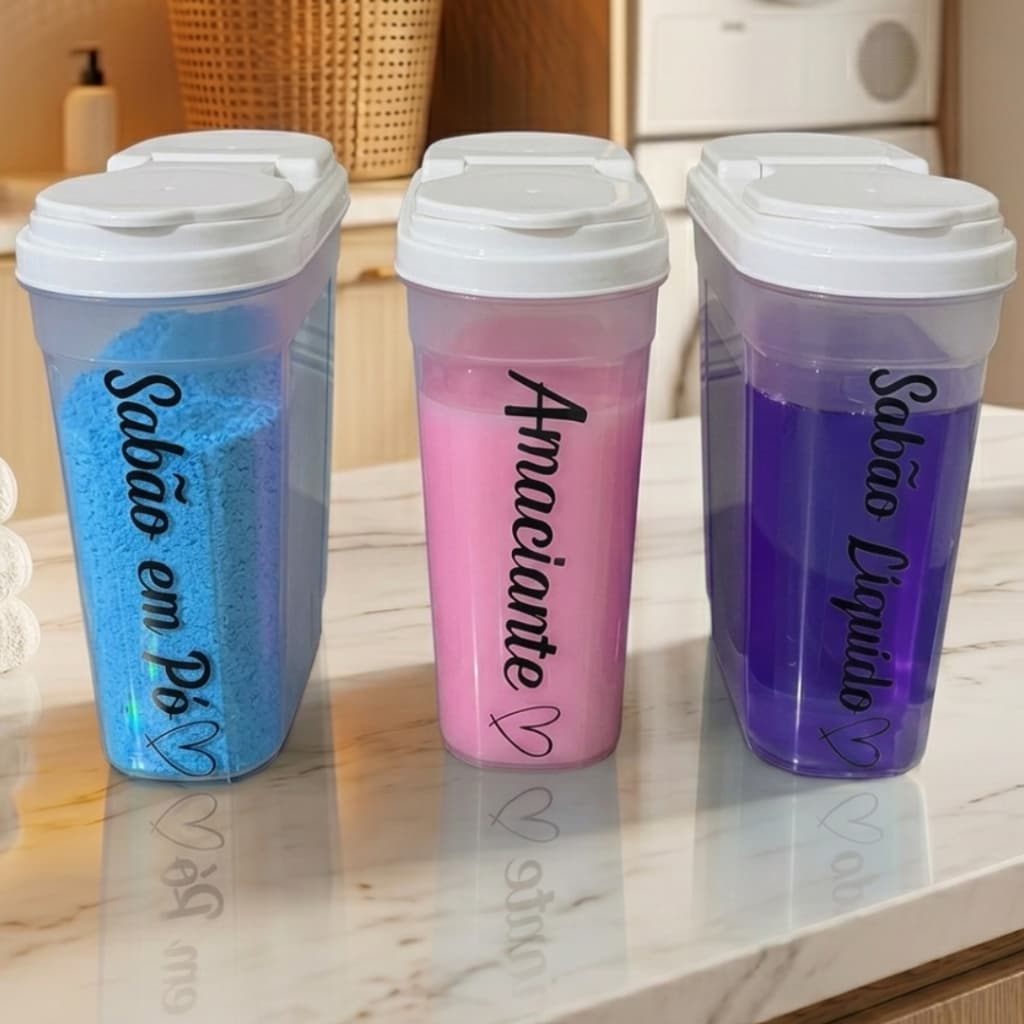 Kit 3 Porta Sabao Dispenser para Lavanderia com Adesivos de Amaciante-Sabao Liquido-Sabao em Pó