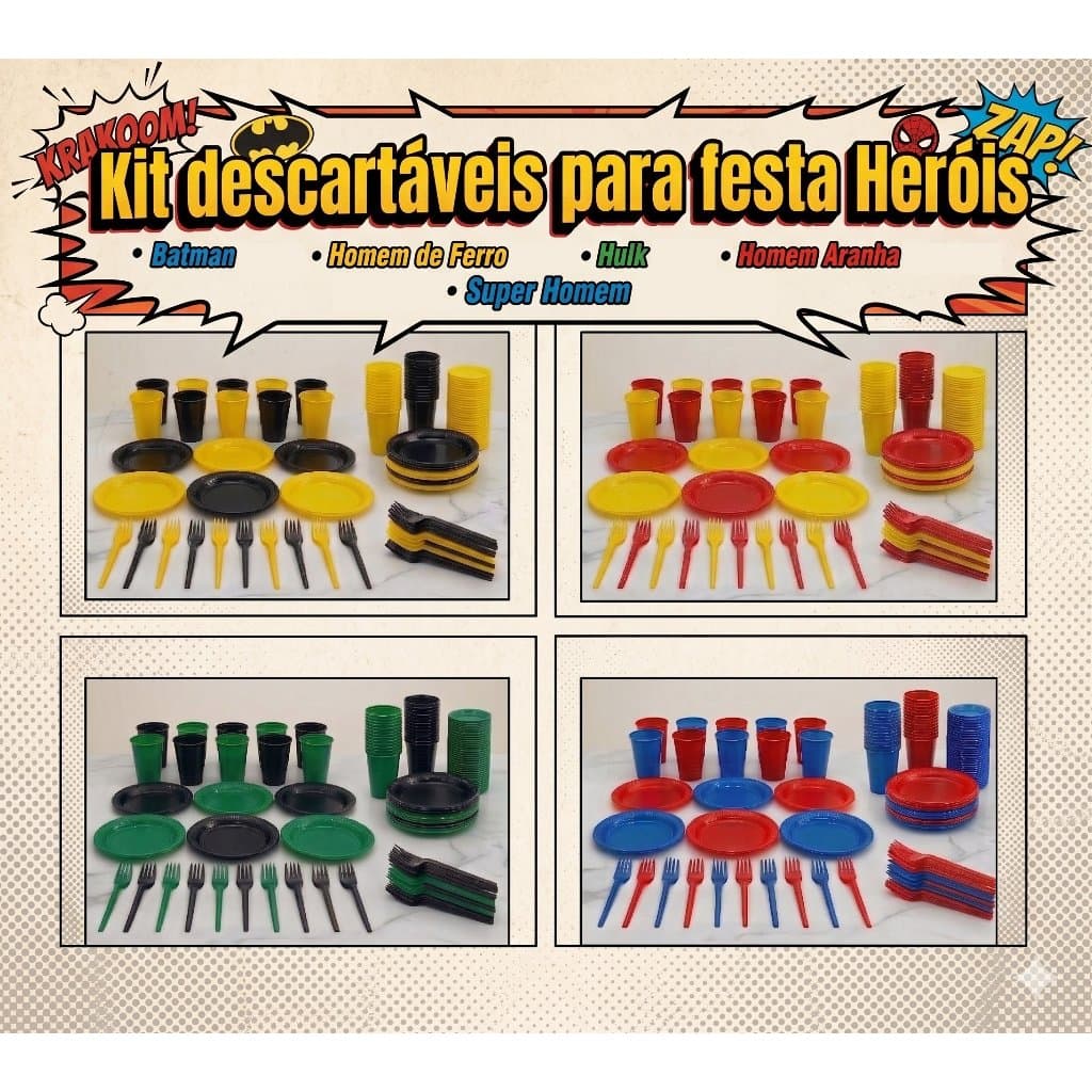 Kit Festa Heróis Completo Descartáveis Premium - Batman, Hulk, Homem de Ferro, Aranha e Super Homem