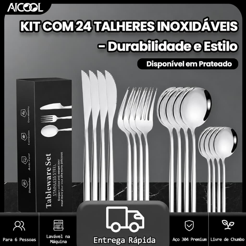 AICOOL 24 Jogo De Talheres Inoxidável 416 Suprimentos De Cozinha Talheres de Dourados Talheres