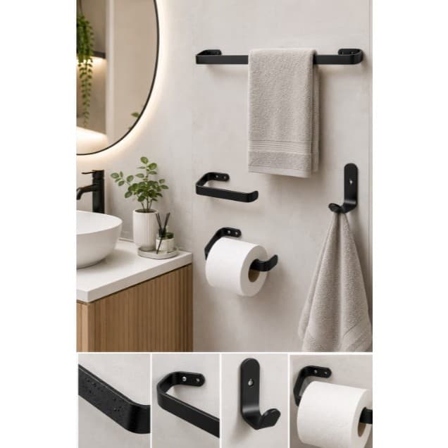 Kit Acessórios para Banheiro 4 peças Aço preto moderno toalheiro 2