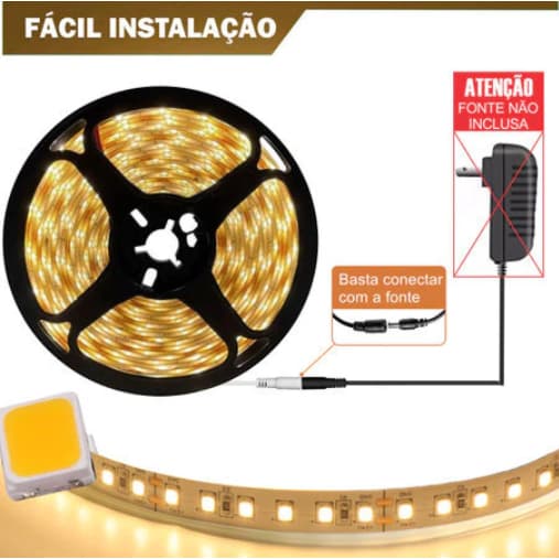 Fita Led 3528 Quente 5metros 60d 12v Branco Quente 3000k a 3500k Luz Amarela Amarelado Super Led