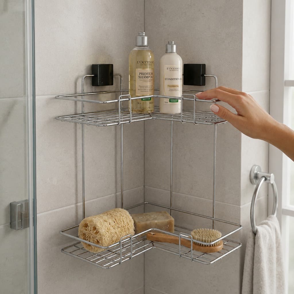 Suporte Porta Shampoo Sabonete Temperos Produtos limpeza Canto Aço Parede Metal Esponja Banho Banheiro