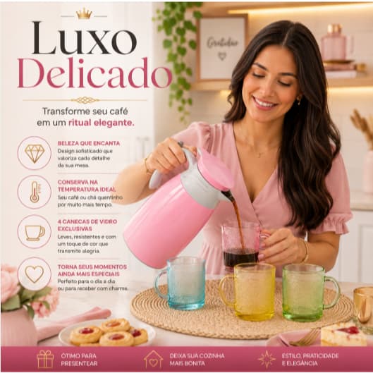 Garrafa Térmica Rosé Élégance™ + 4 Canecas Vidro Rosa Luxo Pinterest