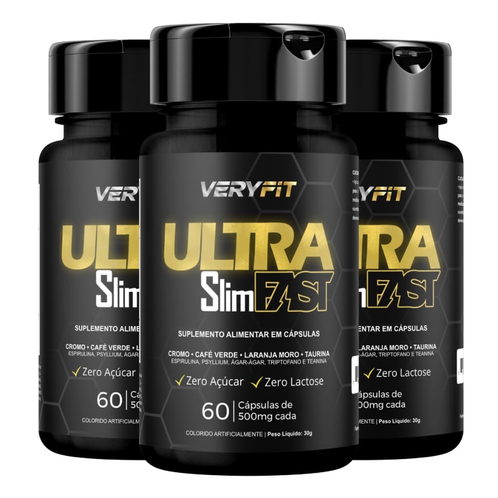 Kit 3 Ultra-Slim-Fast Suplemento Alimentar VERYFIT Cromo Psyllium Spirulina Teanina 60 Cápsulas