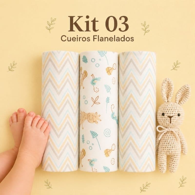 Kit Cueiros de Bebê Flanelado Fralda de Pano c/03 Peças Manta  Algodão Macio  50cm x 80cm Saída Maternidade Enxoval