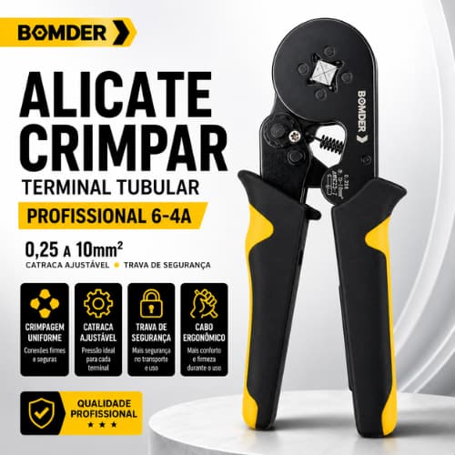 Alicate Crimpador Terminal Tubular Bomder 6-4A Catraca Ajustável 0,25 a 10mm² Profissional Eletricista Crimpar Fios Cabo