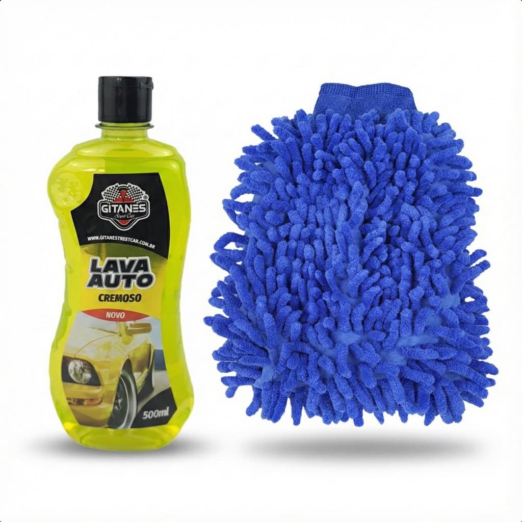 Shampoo Lava Auto 500ml + Luva de Microfibra Gitanes Lavagem Automotiva Lavar Carro Moto