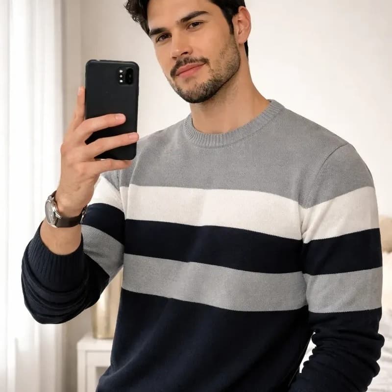 Blusa Masculina Manga Longa Gola Redonda Suéter Tricot Listrado Inverno Casual Quente