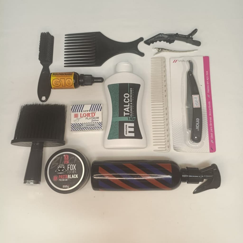 Kit Barbeiro Profissional Completo Borrifador Listrado Navalhete Enox Lâmina Lord Talco Pasta Black 12 Itens