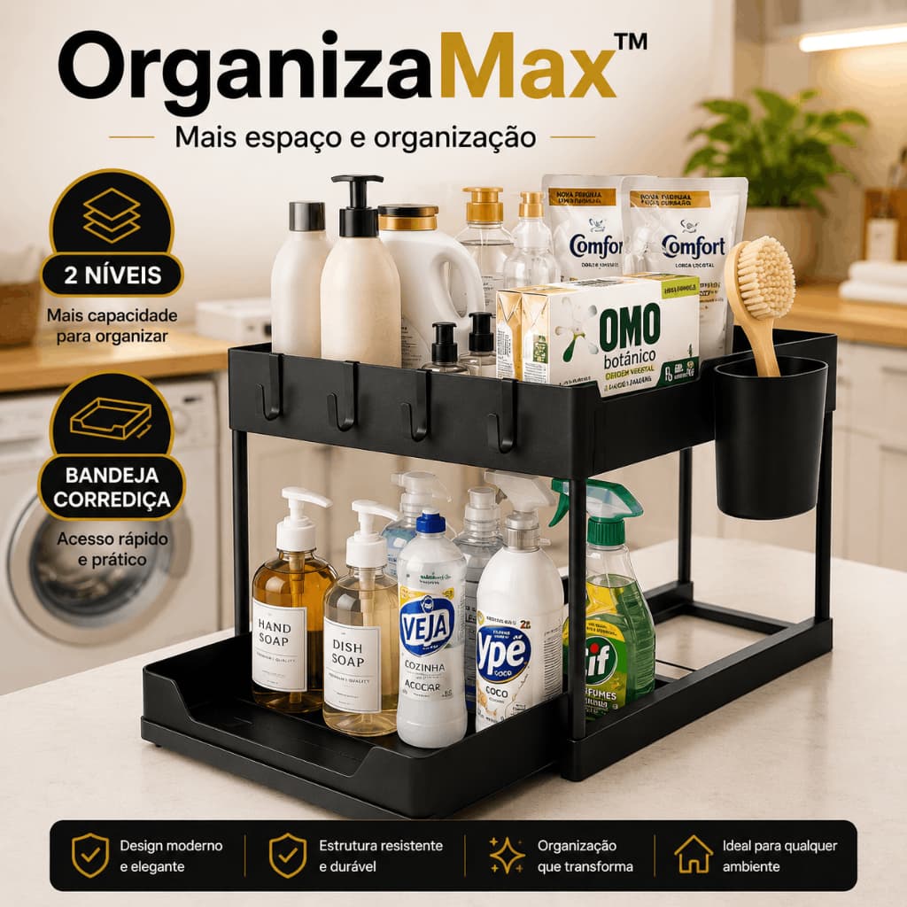 Organizador OrganizaMax 2 Níveis Bandeja Corrediça Multiuso Preto Premium