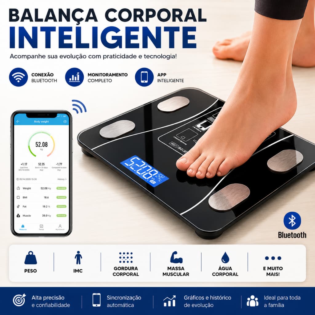 Balança Digital Corporal Inteligente Bluetooth App IMC Gordura Peso Fitness