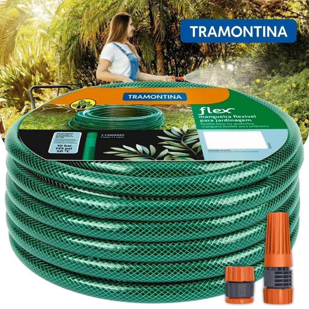 Mangueira de jardim Tramontina até 50 metros Verde 1/2  com kit Engate e Esguicho